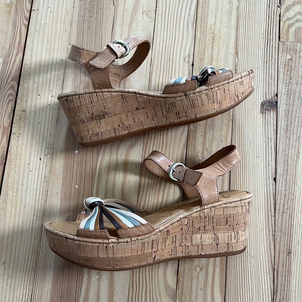 Born D58141 Tan Leather Cork Wedge Sandals Multi Color Knot Ankle Strap Womens 9 - Picture 3 of 8